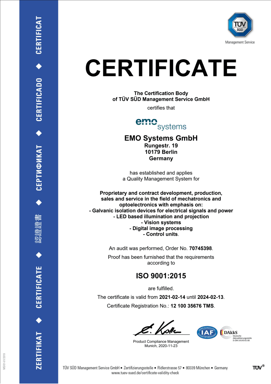 TÜV certificate DIN EN ISO 9001