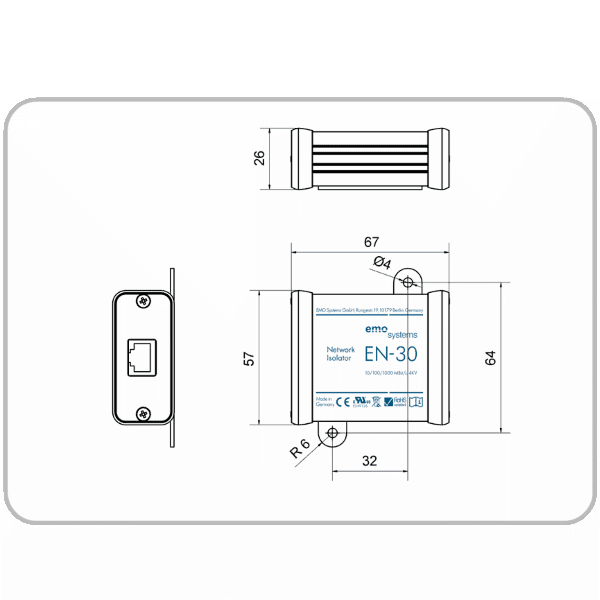 Dimensional drawing for the network isolator EMOSAFE EN-30
