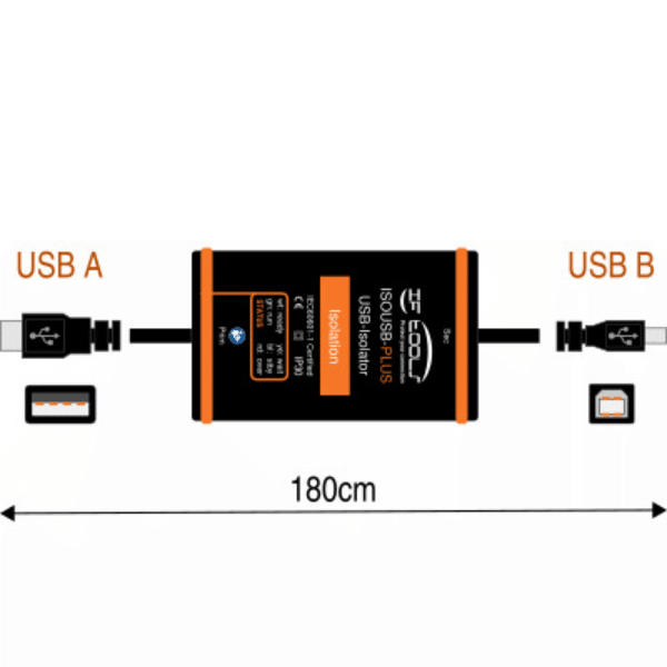 Dimensional drawing with cable for the USB isolator ISOUSB-PLUS-CABLE-B